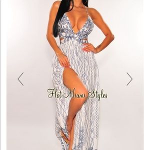 Blue and white cut out maxi sundress